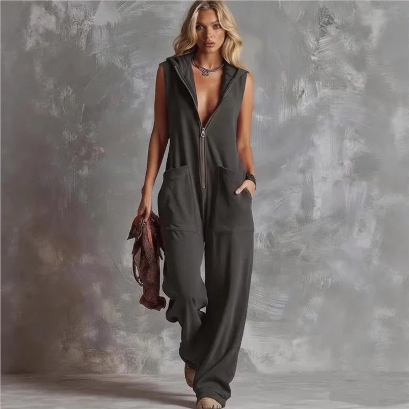 Hooded Zippered Sleeveless Plunging Pocketed Wide Jumpsuit