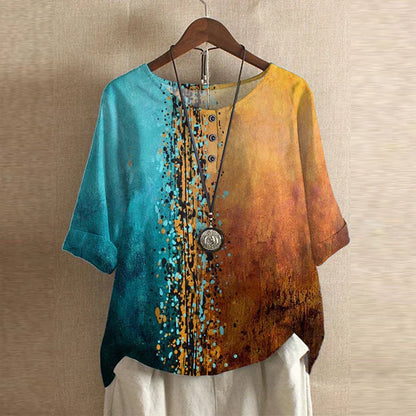 Graphic Crew Neck Curved Hem Medium Sleeve Blouse