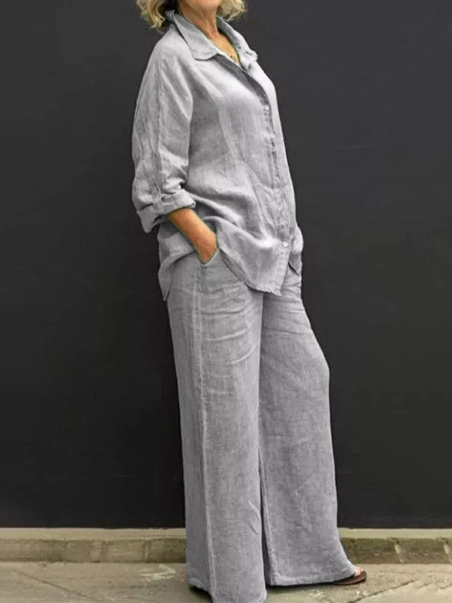 Collared Buttoned Loose Wide Leg Pocketed Set