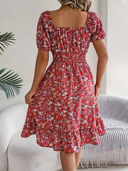 Square Neck Smocked Puff Sleeve Floral Midi Dress