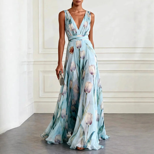 Printed Sleeveless Cinched Gathered Flared Long Dress