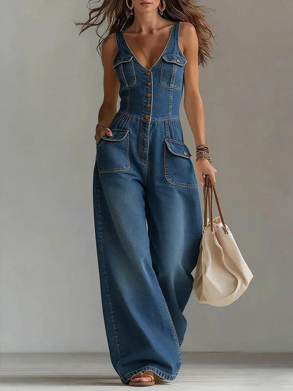 Sleeveless Buttoned Pocketed Plunging Wide Jumpsuit