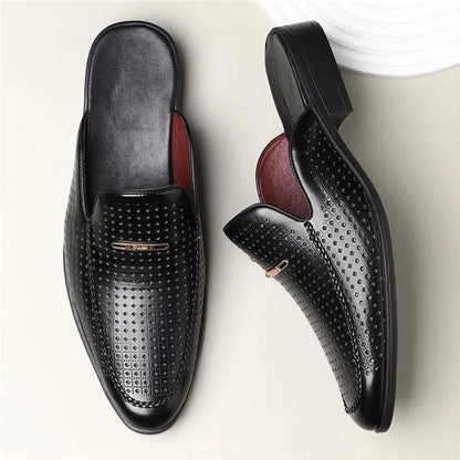 Perforated Backless Pointed Braided Low Heel Sandals