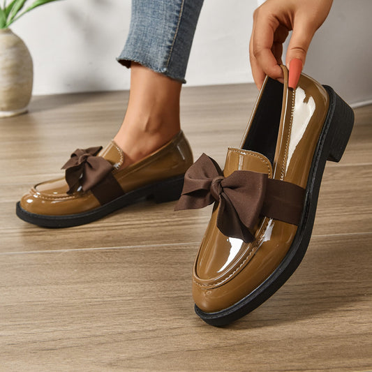 Round Toe Knot Detail Slip On Block Heel Loafers
