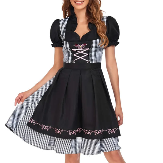 Women's Sweetheart Puff Sleeve Lace-Up Plaid Oktoberfest Mini Dress