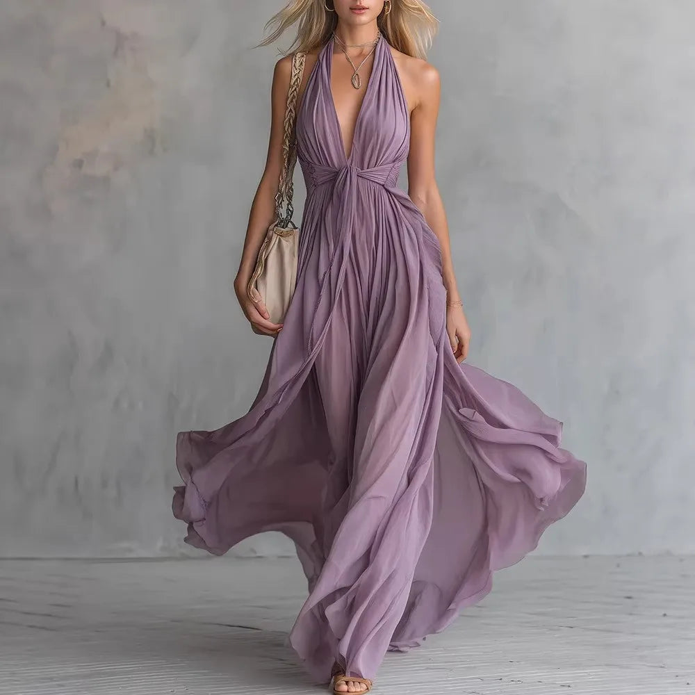 Halter Plunging Pleated Knotted Flared Dress