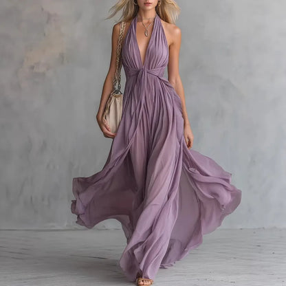 Halter Plunging Pleated Knotted Flared Dress