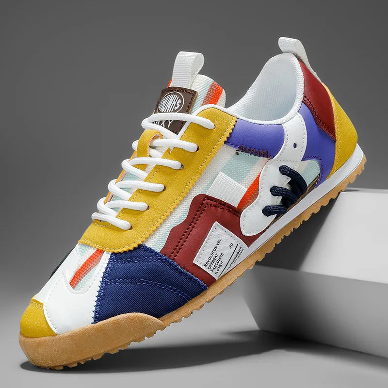 Patched Striped Rounded Textured Flat Sneakers
