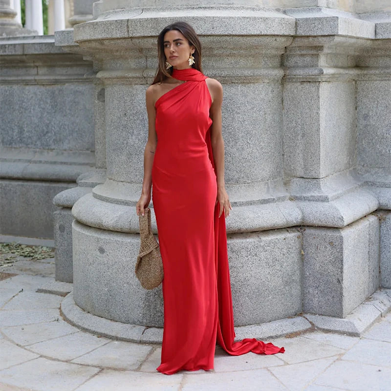 Asymmetrical Halter Sleeveless Draped Maxi Dress