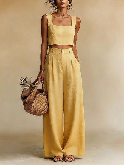 Cropped Sleeveless Pleated Wide Pocketed Set