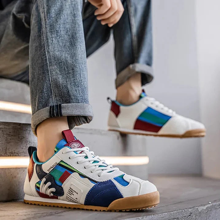 Patched Striped Rounded Textured Flat Sneakers