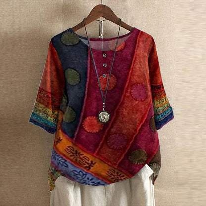 Graphic Crew Neck Curved Hem Medium Sleeve Blouse