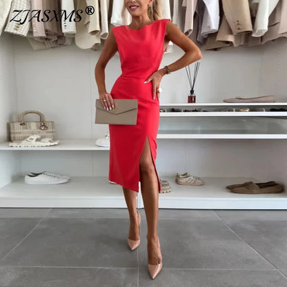 Sleeveless Crew Neck Slit Midi Dress
