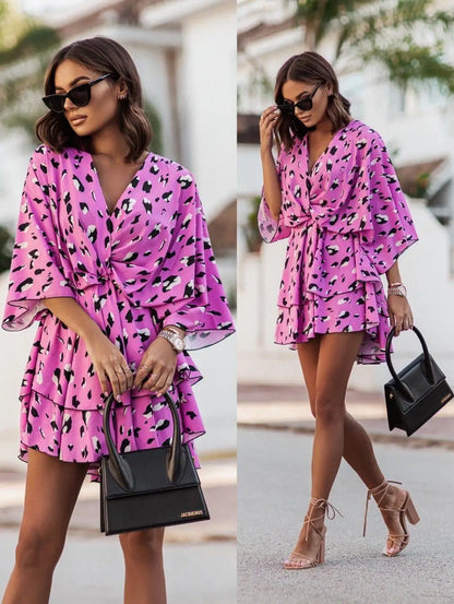 Printed Sleeve Tiered Mini Dress