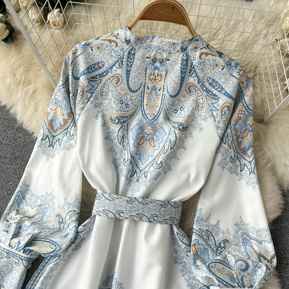 Paisley Printed Belted Bishop Sleeve Maxi Dress