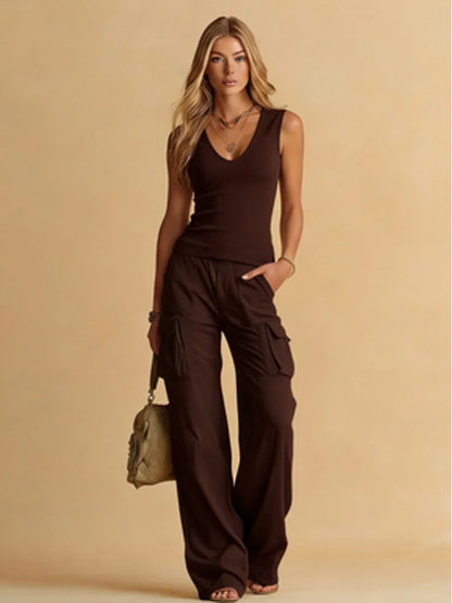 Sleeveless Buttoned Fitted Top Pocketed Wide Long Trouser Set
