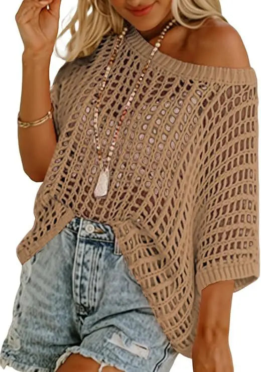 Women's Off-Shoulder Crochet Knit Cropped Sweater