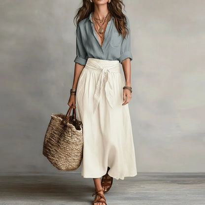 Collared Buttoned Pocketed Tied Gathered Maxi Set