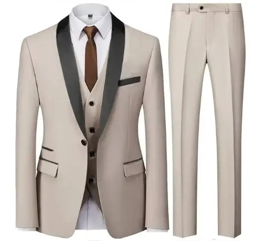 Slim Solid Satin Lapel V Neck Tailored Three Piece Set Suit