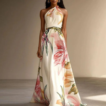 Floral Halter Sleeveless Gathered Long Dress