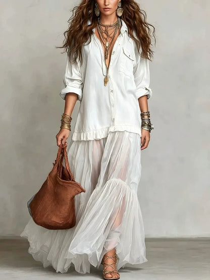 Collared Buttoned Pocketed Tiered Long Dress