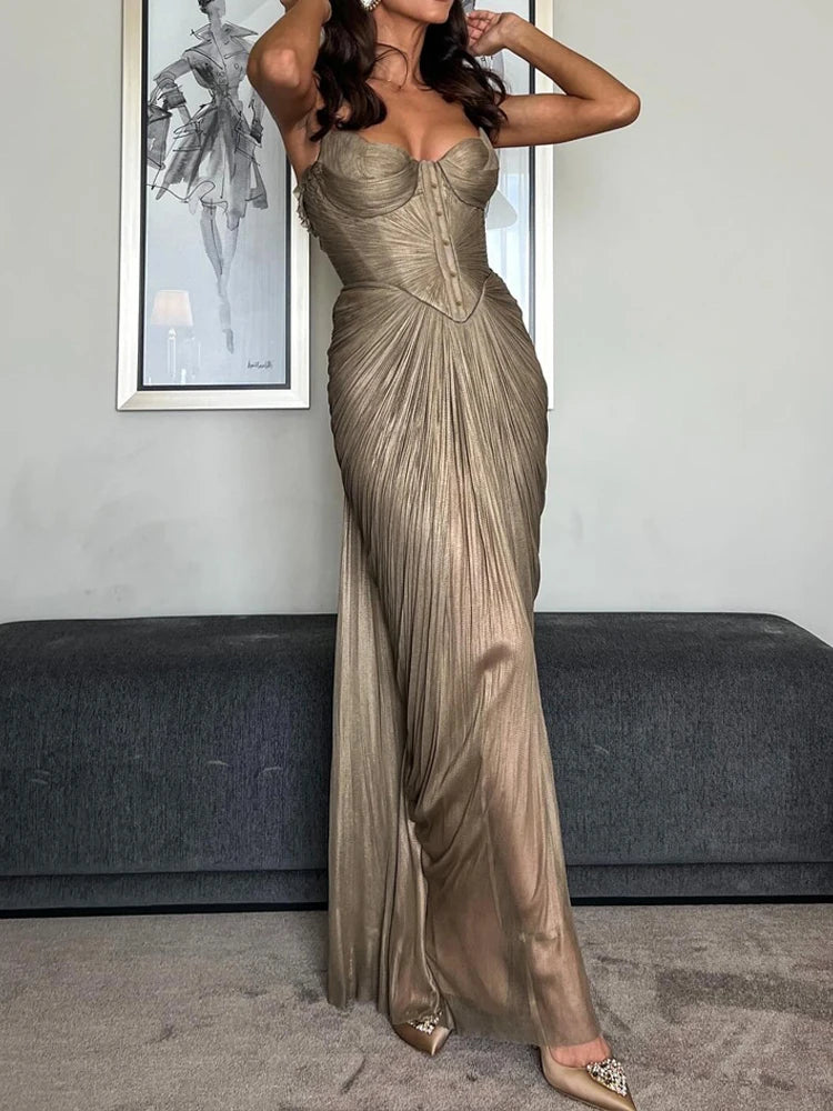 Strappy Backless Corseted Buttoned Pleated Maxi Dress