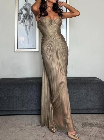 Strappy Backless Corseted Buttoned Pleated Maxi Dress