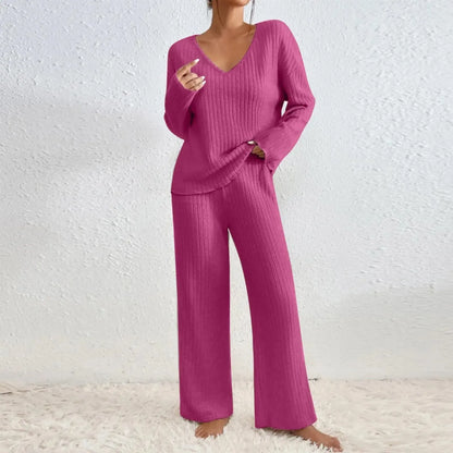 V-Neck Long Sleeve Loungewear Set with Wide Leg Pants