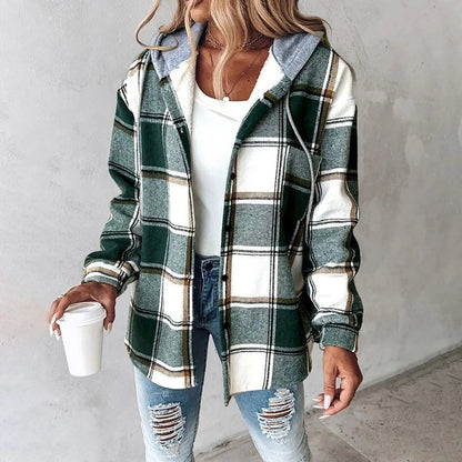 Women's Hooded Plaid Shirt Jacket