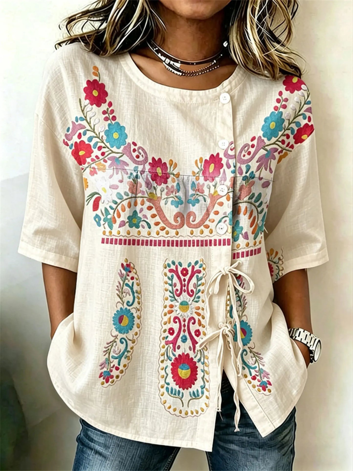 Crew Neck Side Tie Blouse