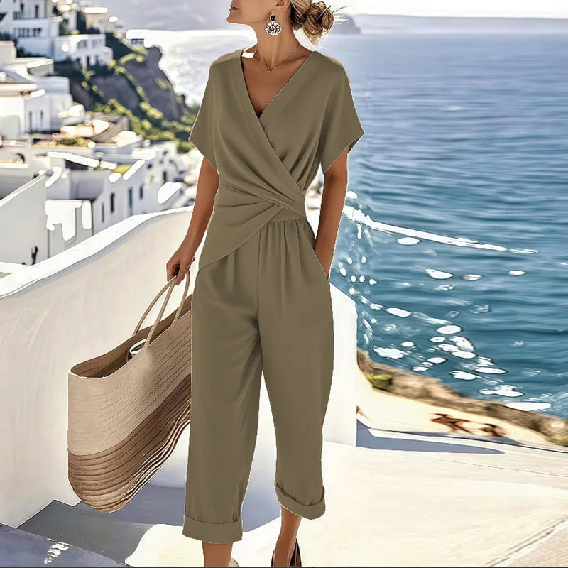Surplice Pocketed Wide-Leg Set