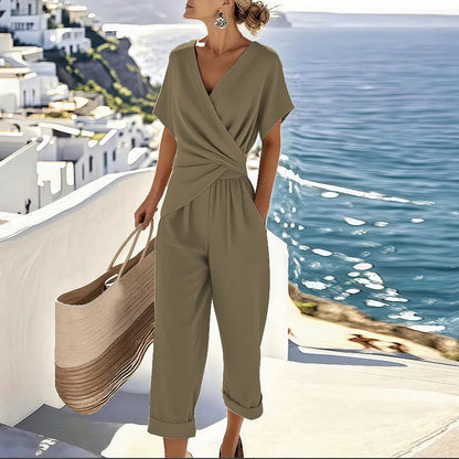 Surplice Pocketed Wide-Leg Set