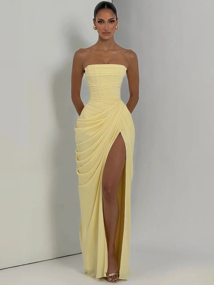 Strapless Ruched High Slit Sleeveless Maxi Dress
