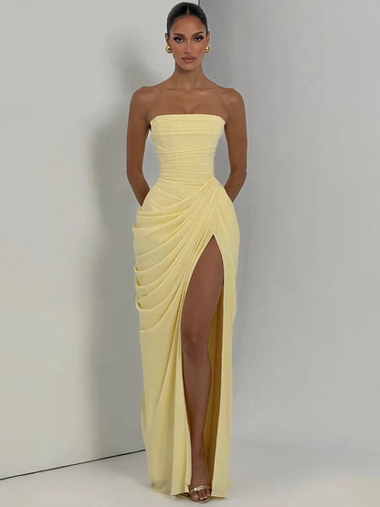 Strapless Ruched High Slit Sleeveless Maxi Dress
