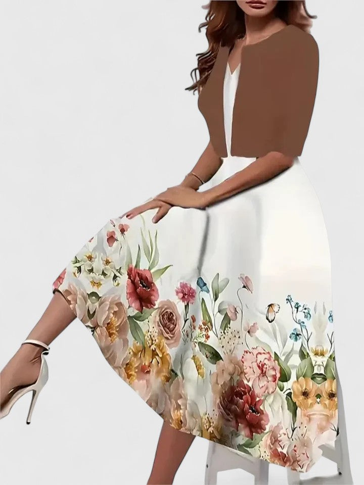 Floral Printed Layered Flared Sleeved Midi Dress