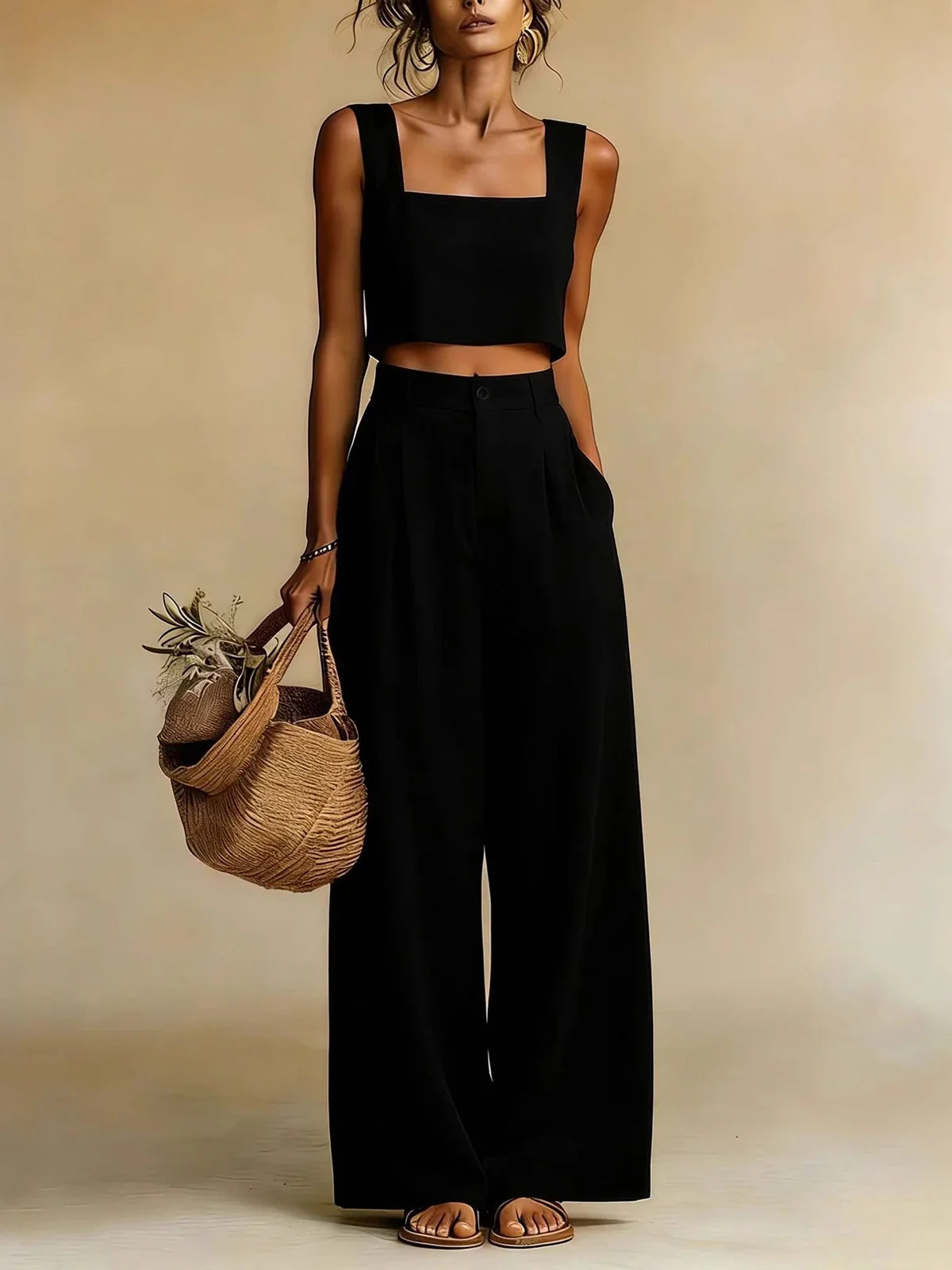 Cropped Sleeveless Pleated Wide Pocketed Set