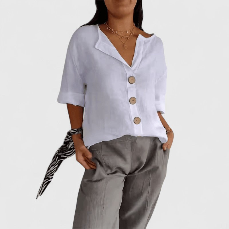 Three Quarter Sleeve V Neck Button Up Solid Loose Blouse