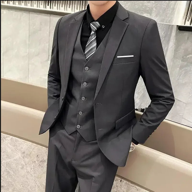 Solid Slim Three-Piece Suit Set