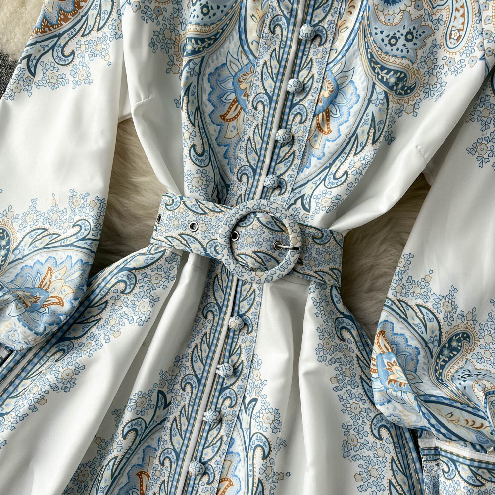 Paisley Printed Belted Bishop Sleeve Maxi Dress