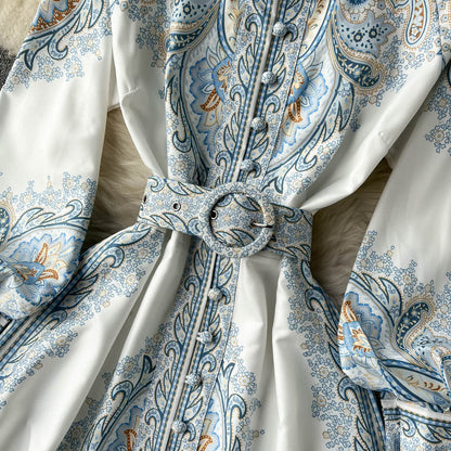 Paisley Printed Belted Bishop Sleeve Maxi Dress