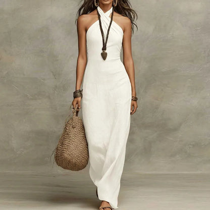 Draped Halter Sleeveless Solid Gathered Maxi Dress
