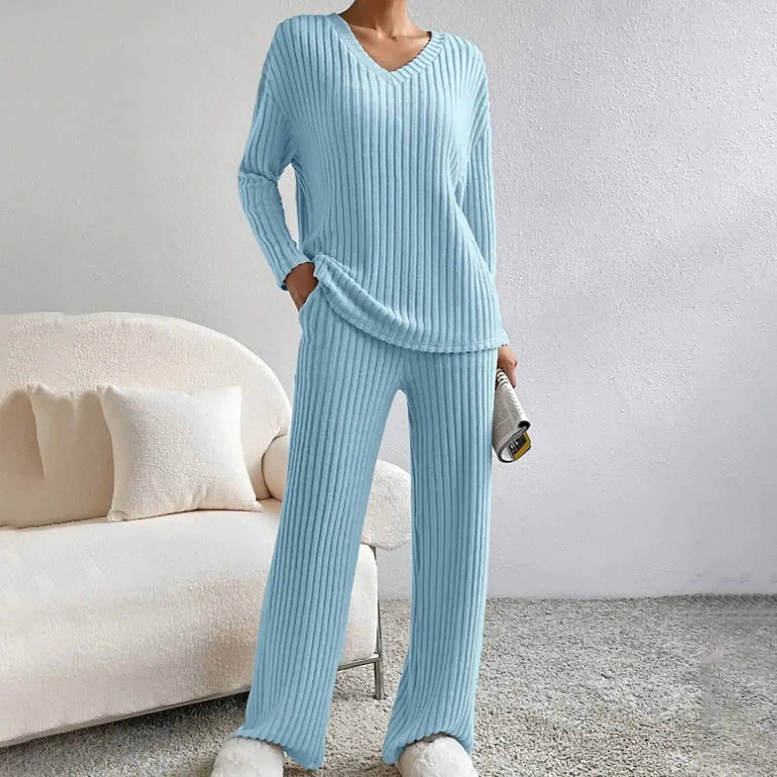 V-Neck Long Sleeve Loungewear Set with Wide Leg Pants