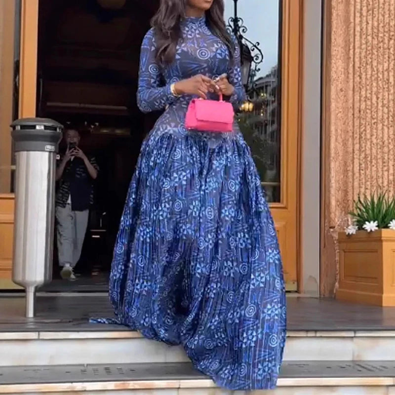 Fitted Banded Printed Gathered Flared Long Dress
