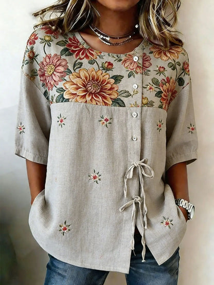 Crew Neck Side Tie Blouse