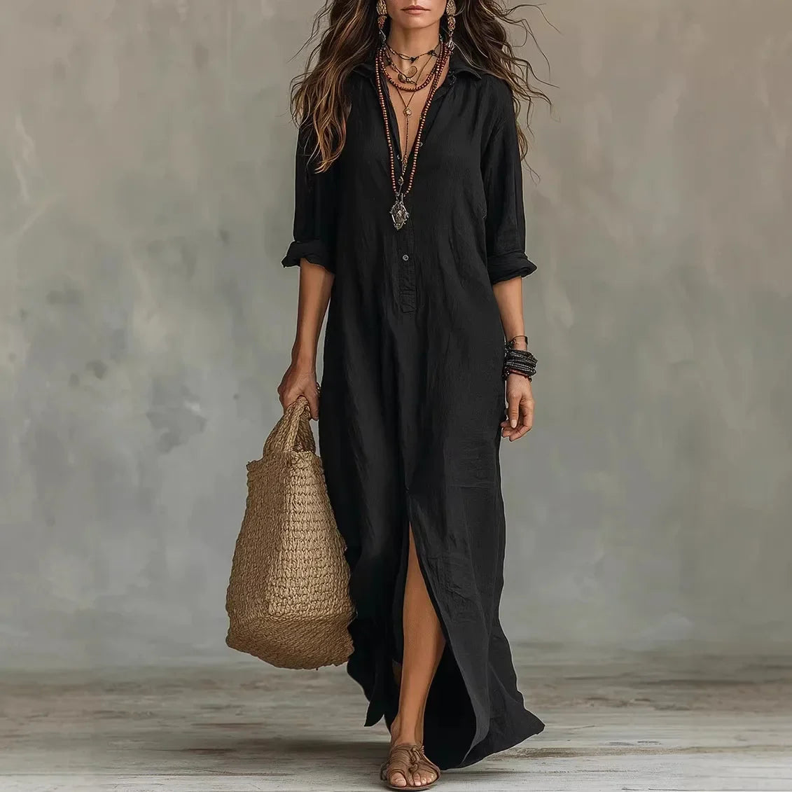 Collared Buttoned Loose Front Slit Dress