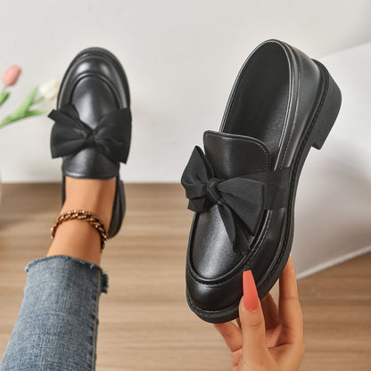 Round Toe Knot Detail Slip On Block Heel Loafers