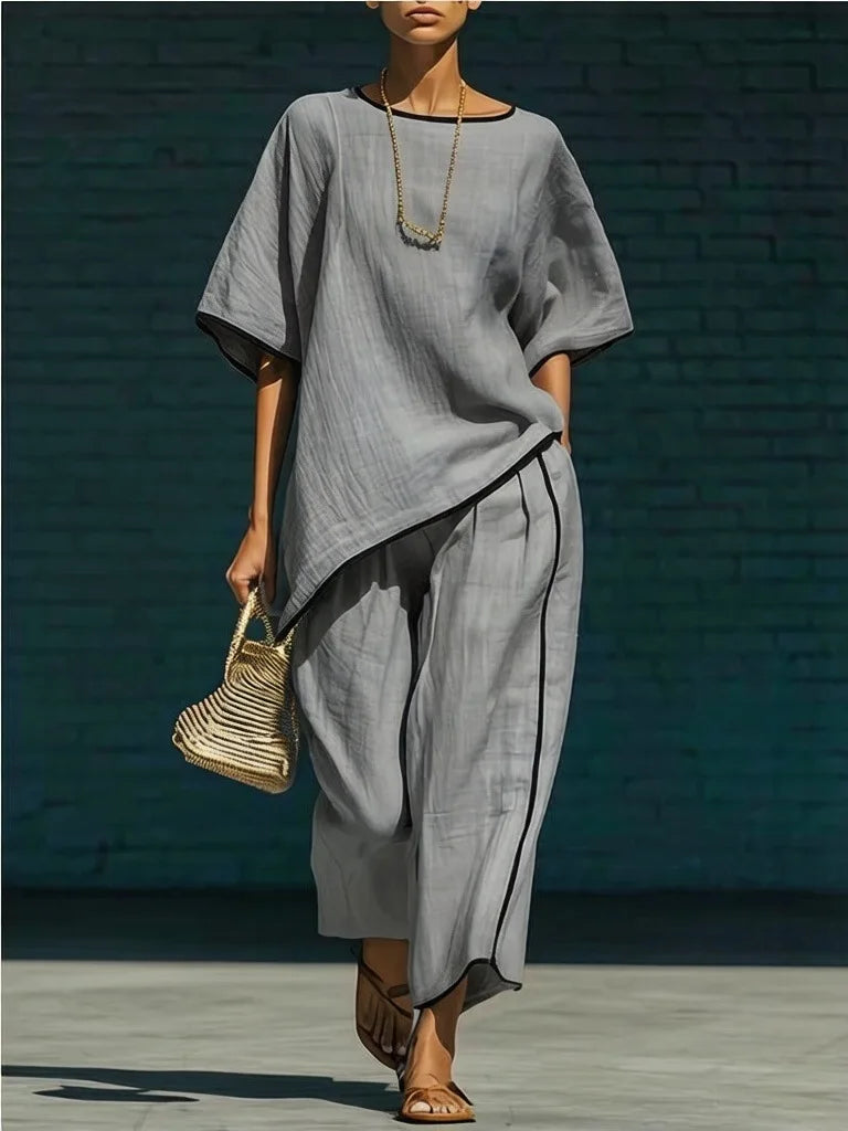 Loose Asymmetrical Round Wide Cropped Trimmed Set