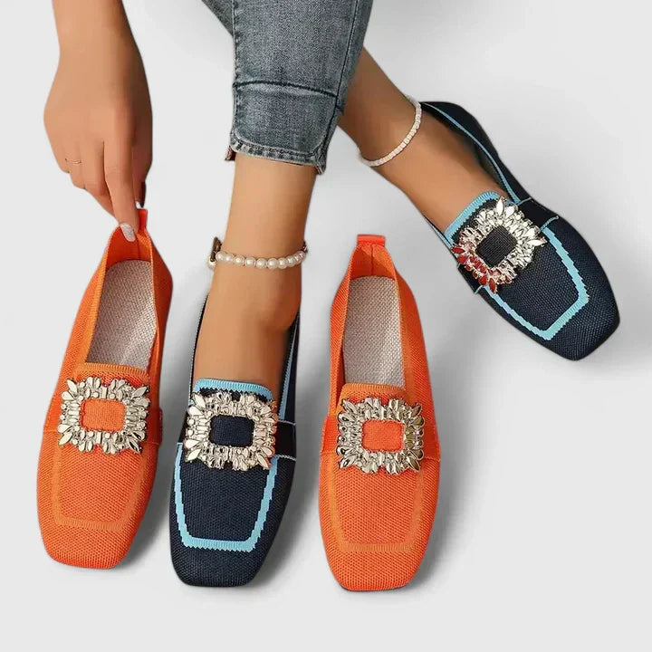 Square Toe Buckle Embellished Slip On Loafers
