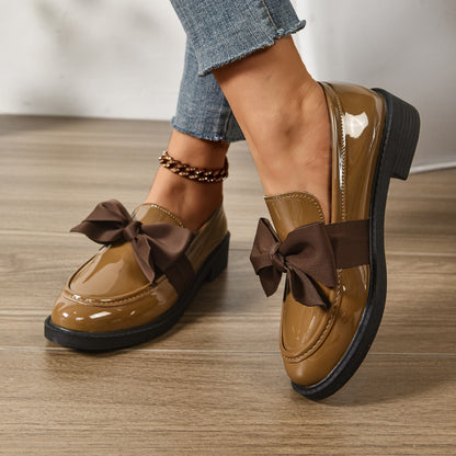 Round Toe Knot Detail Slip On Block Heel Loafers