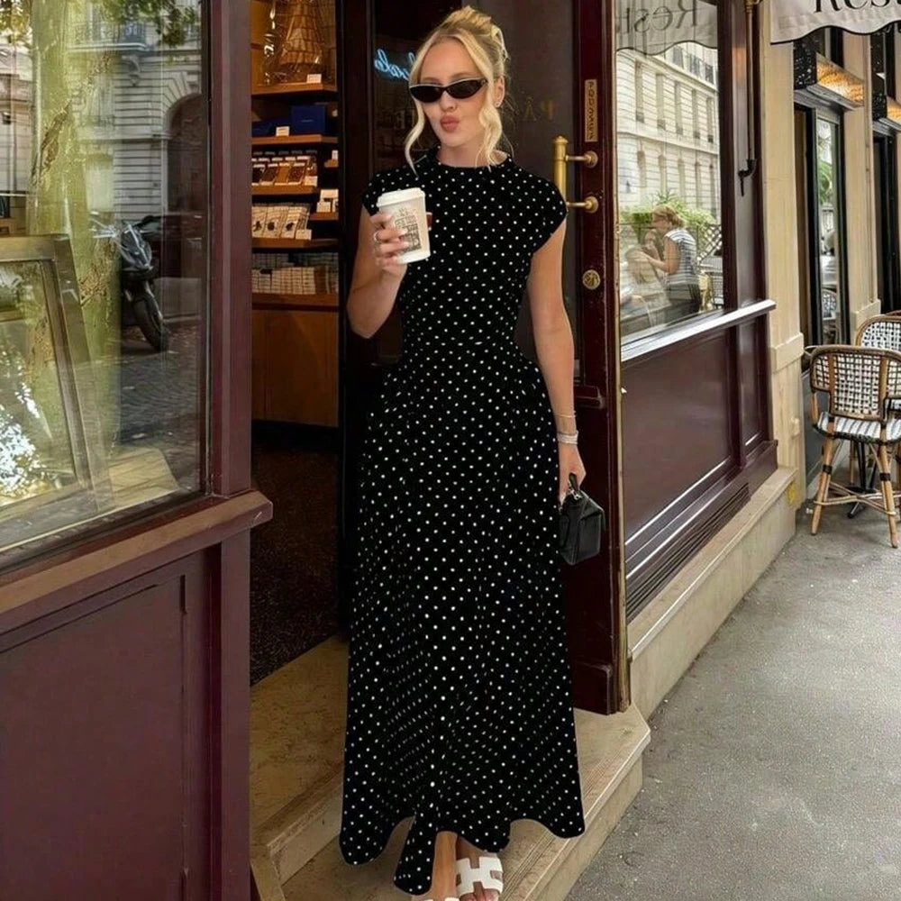 Polka Dot Fitted A Line Capsleeve Flare Dress
